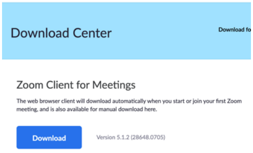 Zoom download page showing the Zoom Client for Meetings download button